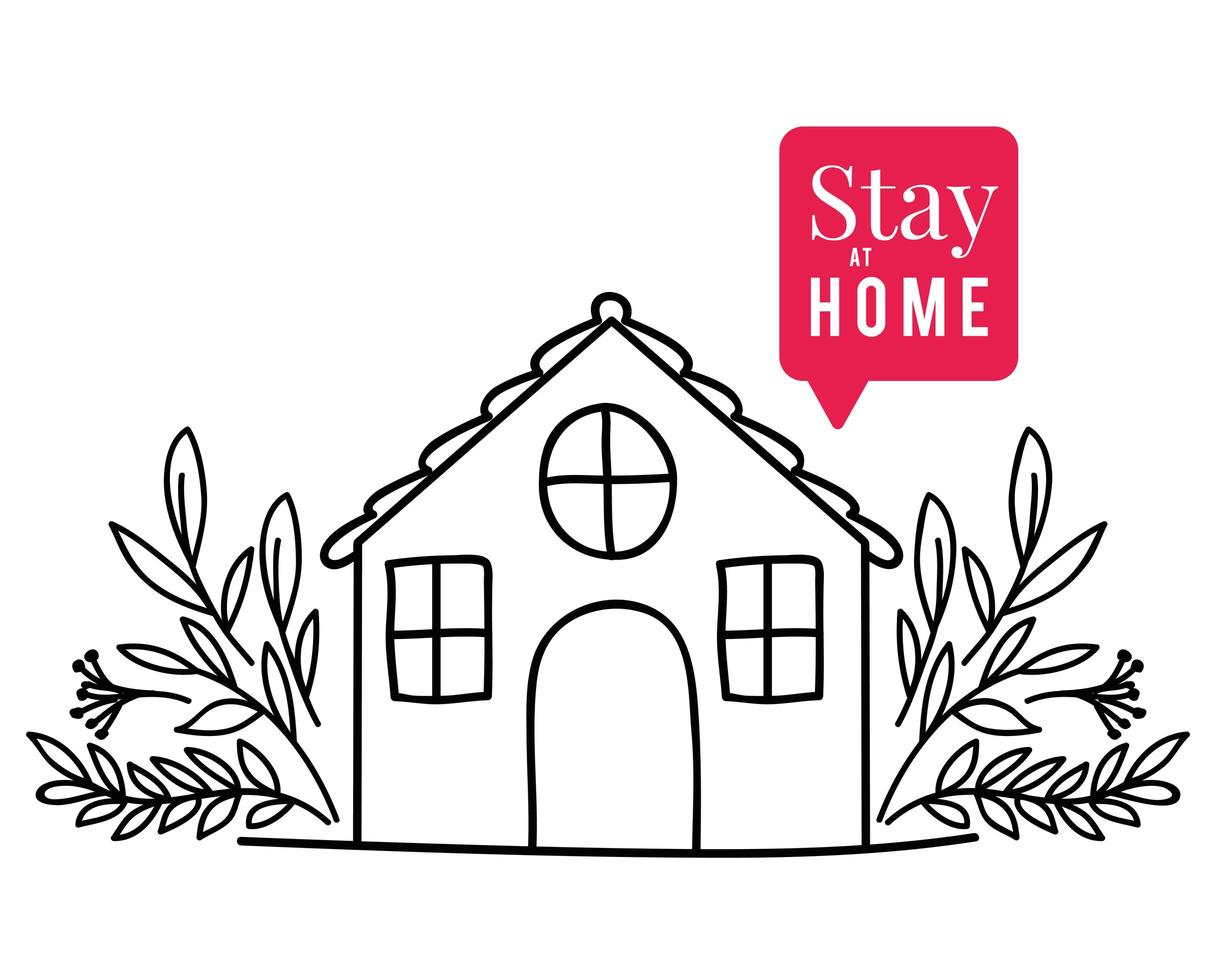 Stay at home text house bubble and leaves vector design