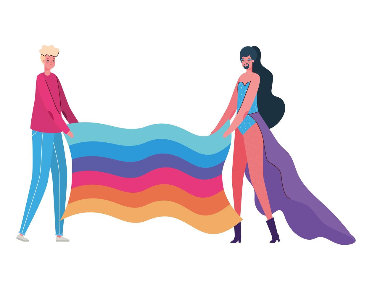 caricatura de mujer y hombre con traje y diseño de vector de bandera lgtbi