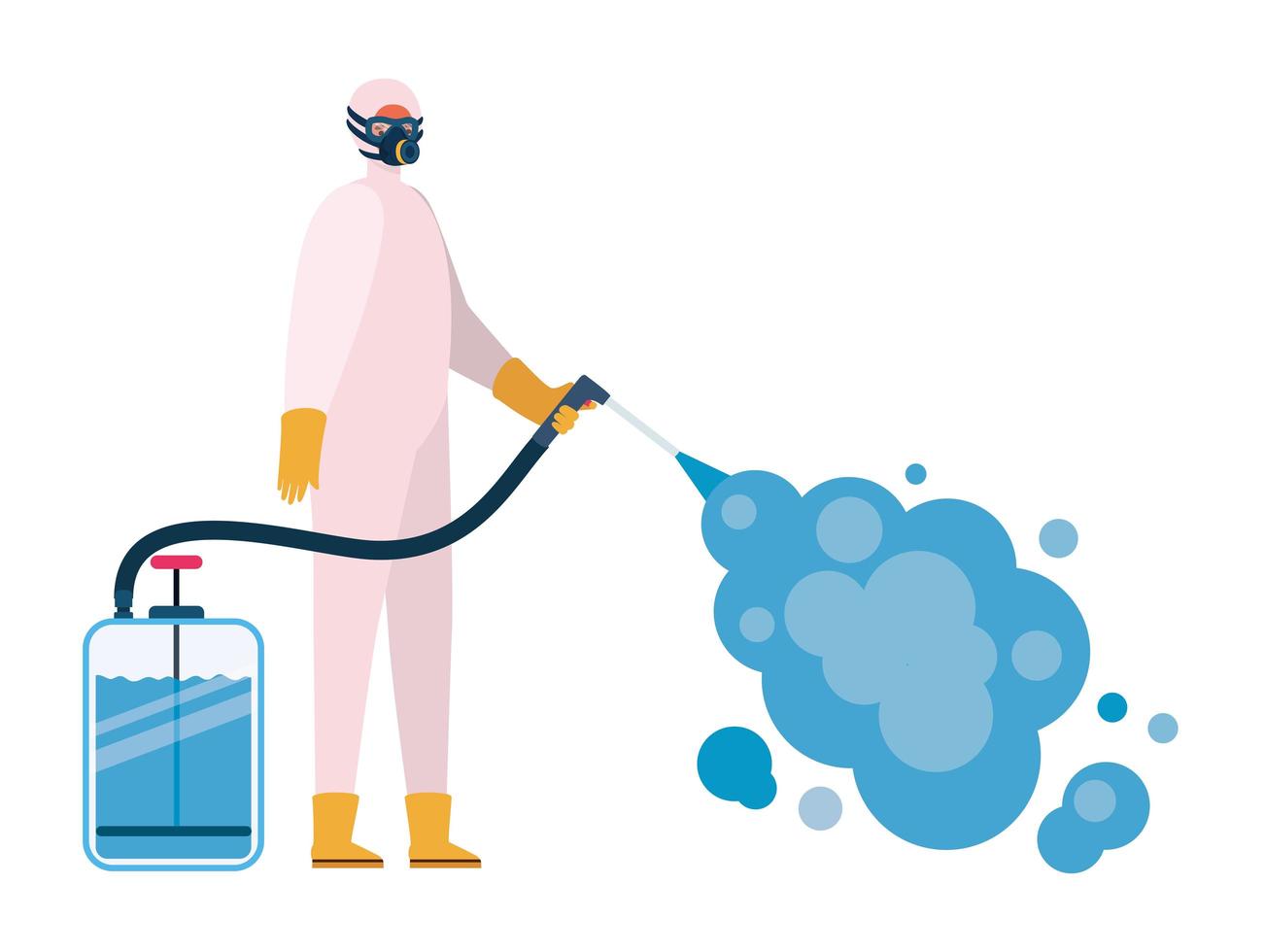 Man with protective suit holding pulverizer spray bottle with smoke vector design