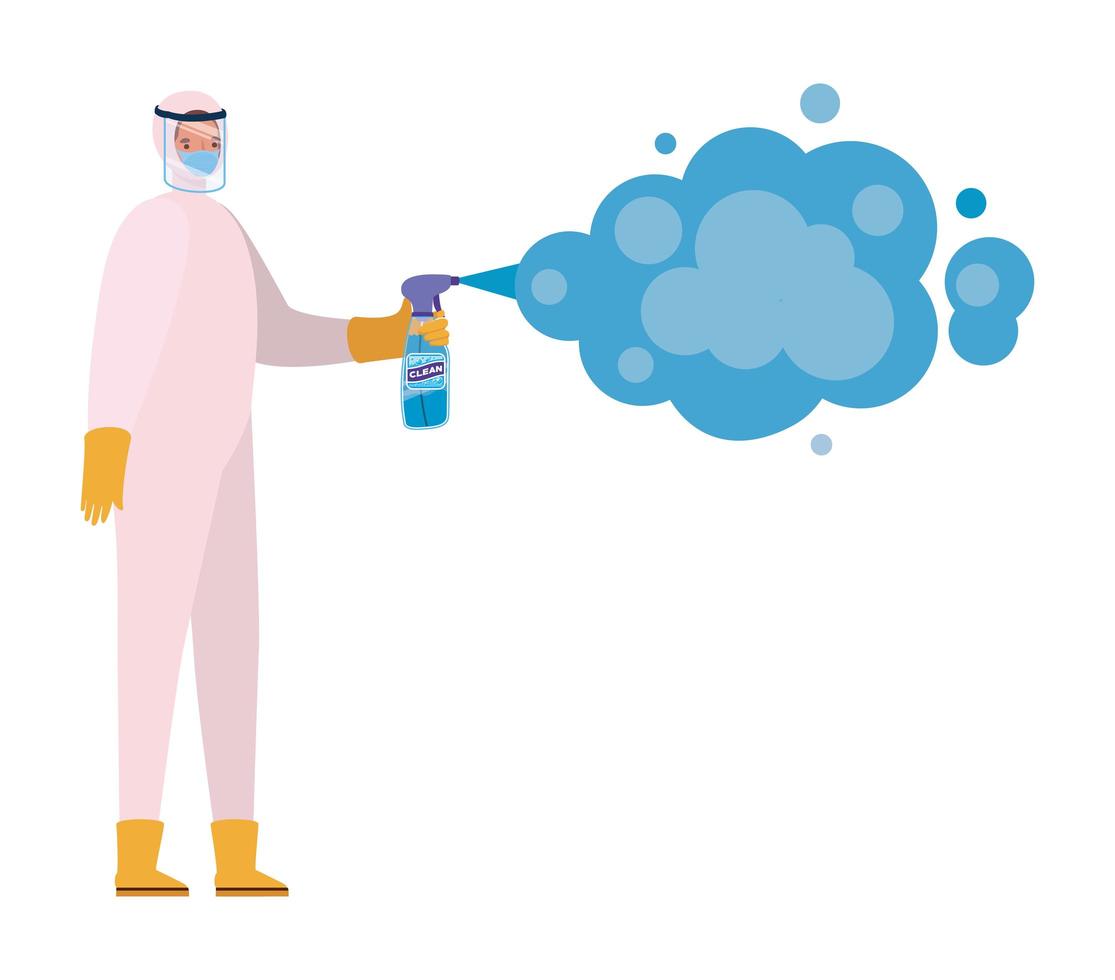 Hombre con traje de protección sosteniendo una botella de spray pulverizador con diseño de vector de humo