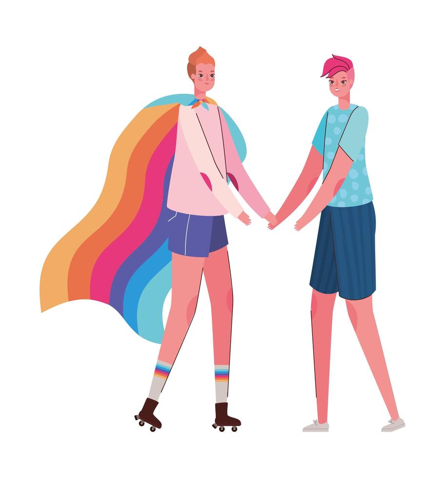 Dibujos animados de mujeres con disfraces y diseño de vector de bandera lgtbi