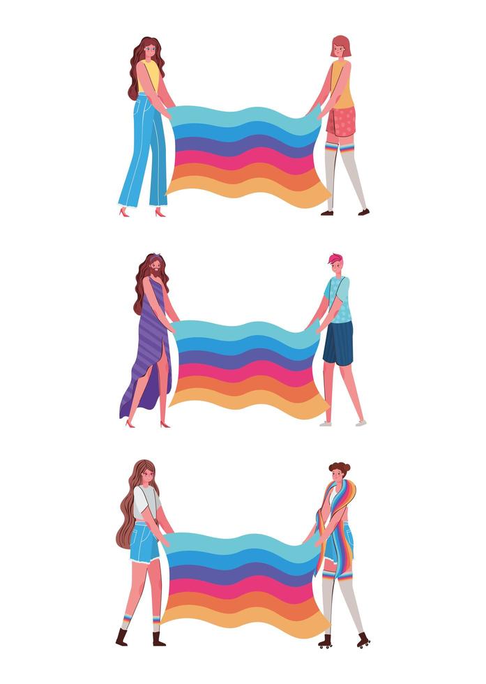 Women and man cartoons with costumes and lgtbi flags vector design