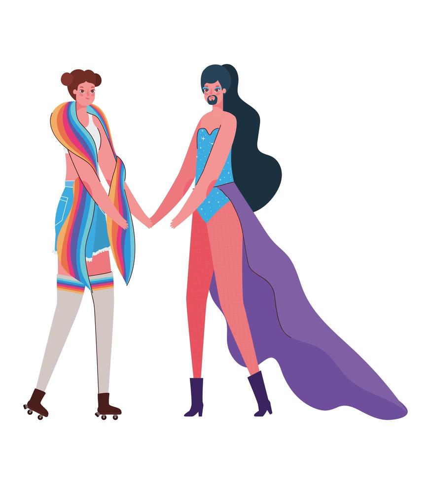 caricatura de mujer y hombre con traje y diseño de vector de bandera lgtbi