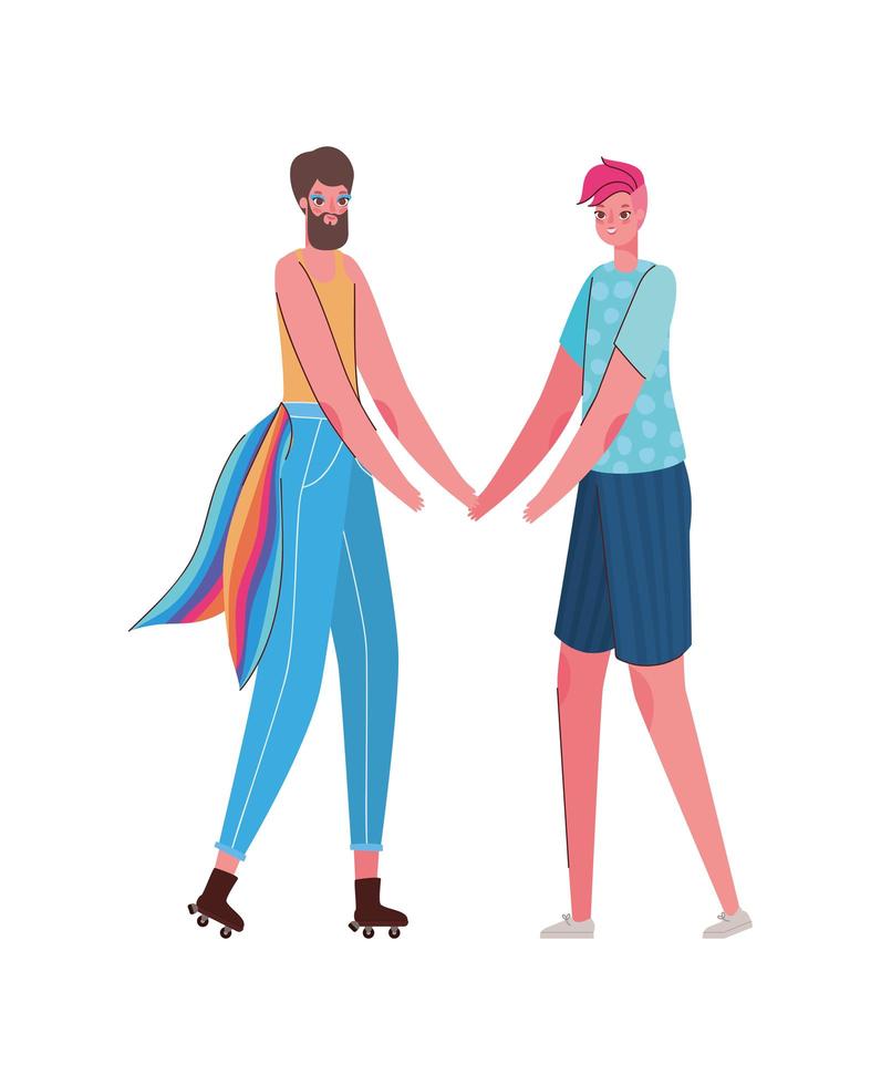 caricatura de mujer y hombre con traje y diseño de vector de bandera lgtbi