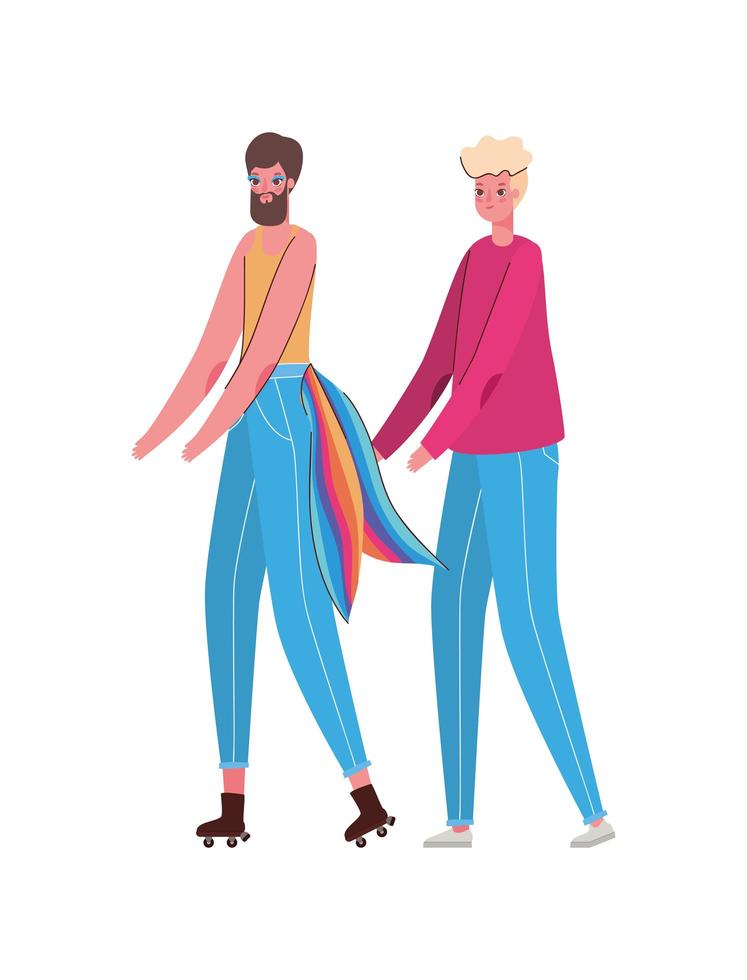 caricatura de mujer y hombre con traje y diseño de vector de bandera lgtbi