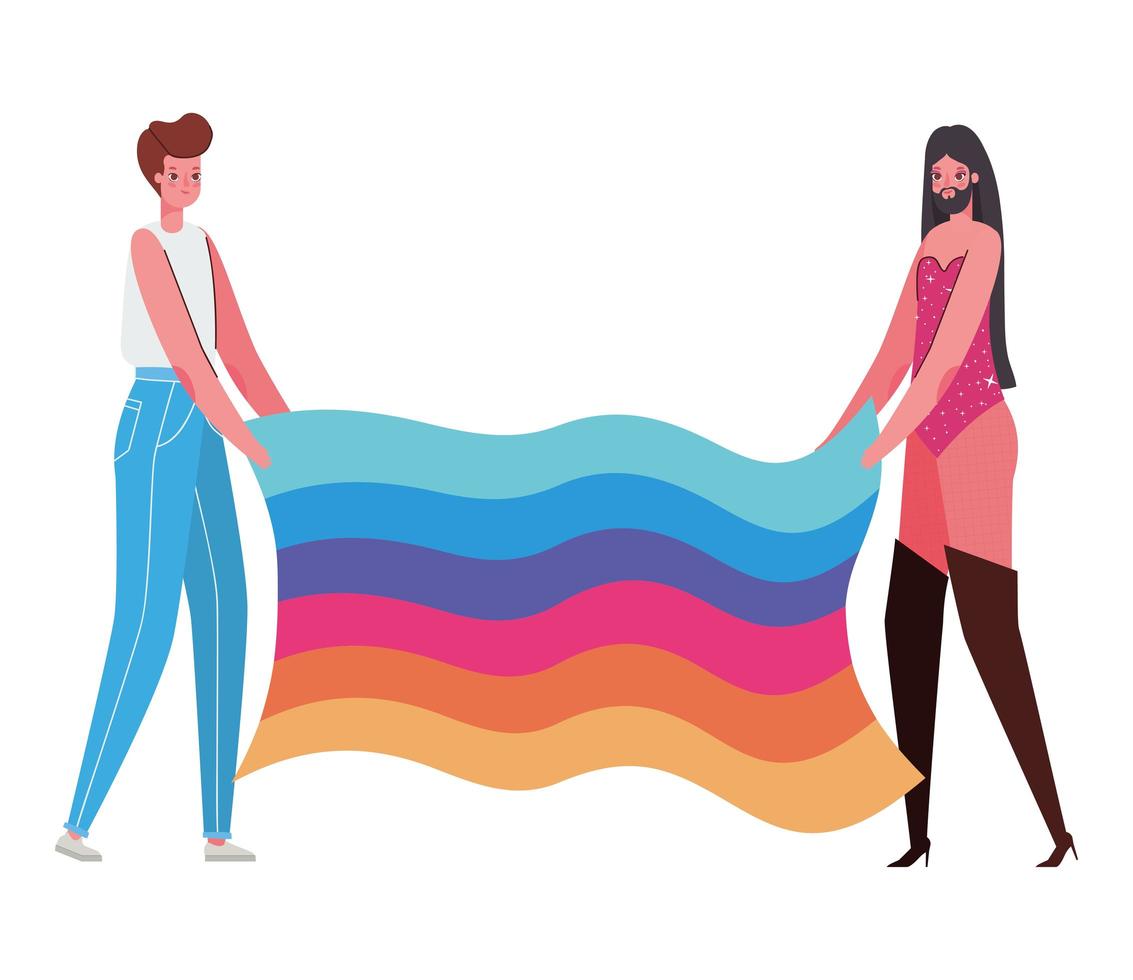 caricatura de mujer y hombre con traje y diseño de vector de bandera lgtbi