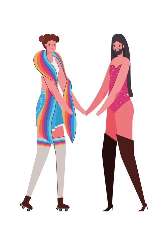 caricatura de mujer y hombre con traje y diseño de vector de bandera lgtbi