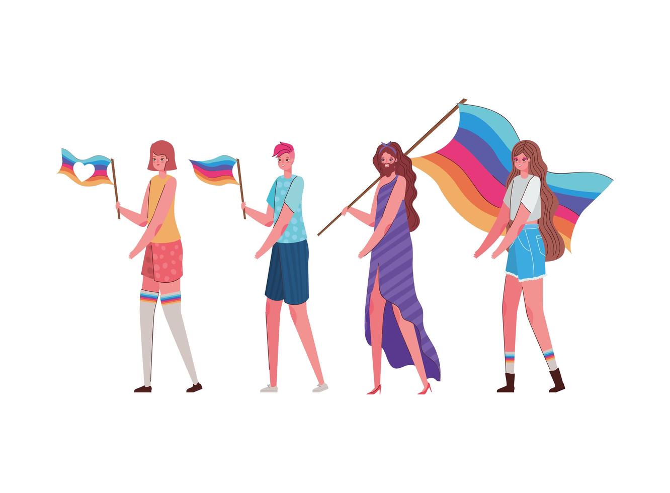 Dibujos animados de mujeres y hombres con disfraces y diseño de vectores de banderas lgtbi