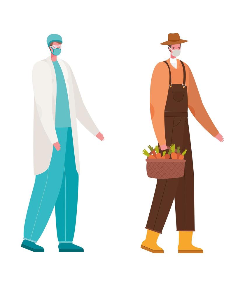 Médico y jardinero masculino aislado con máscaras de diseño vectorial vector
