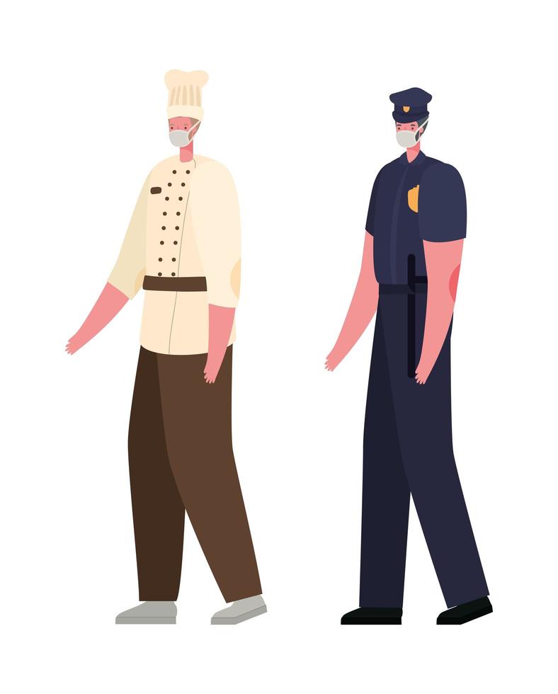 Chef masculino y policía con máscaras de diseño vectorial vector