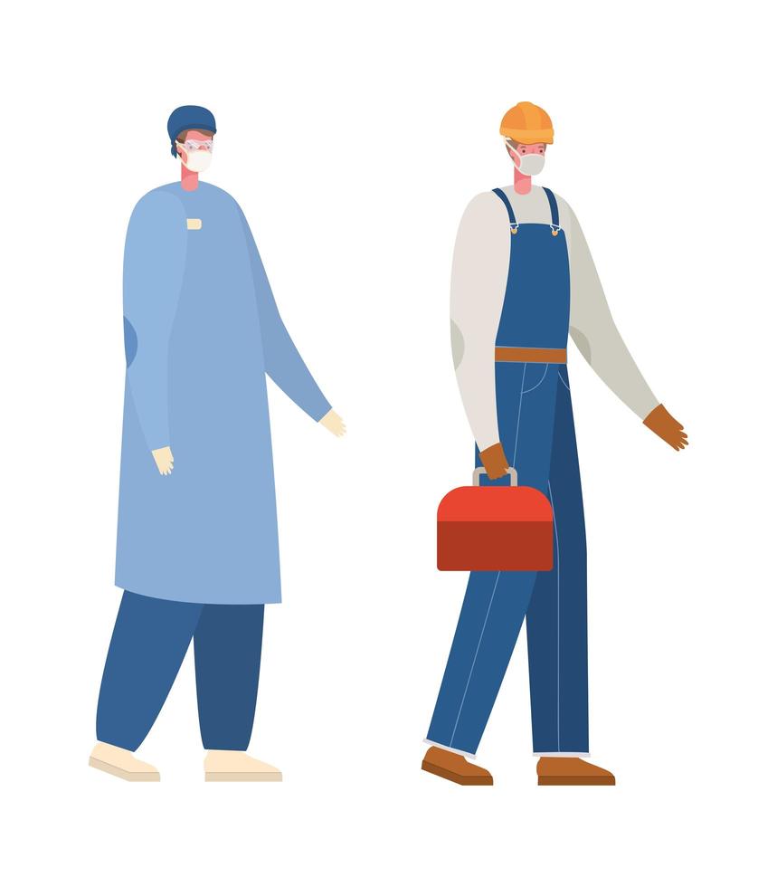 Isolated male doctor and constructer with masks vector design