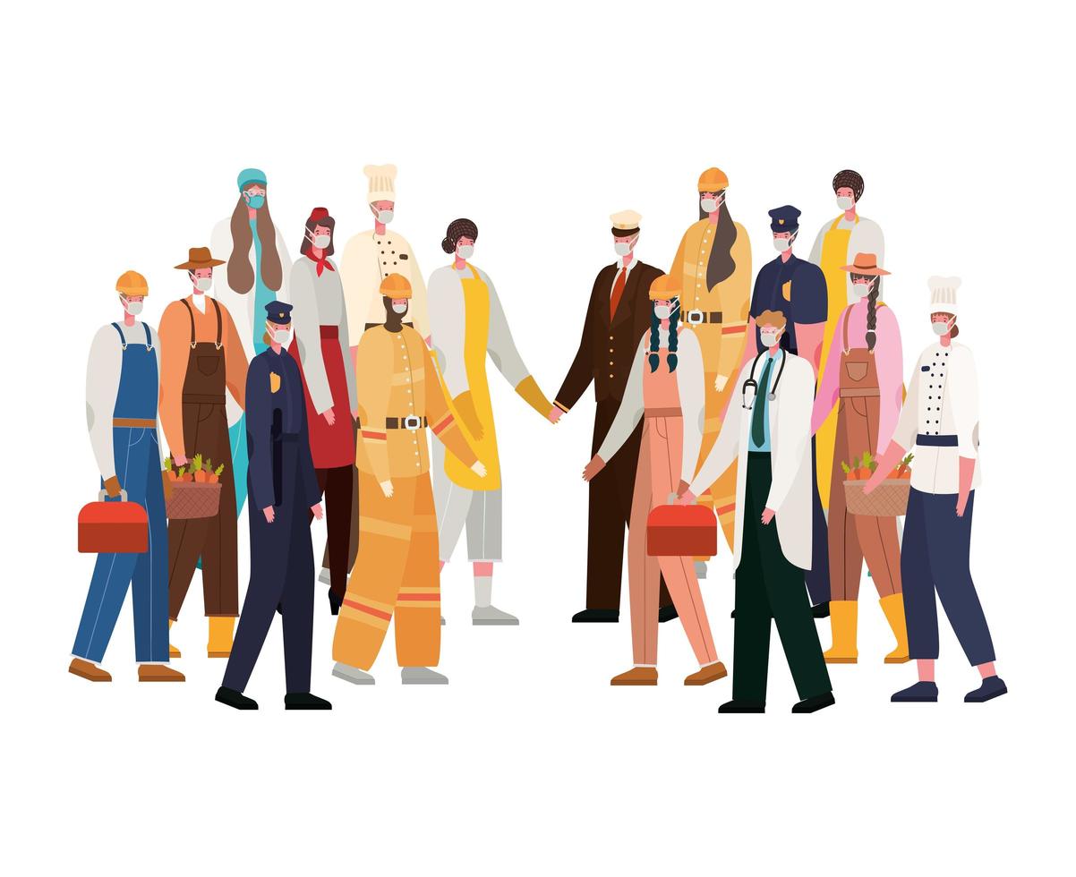 Men and women workers with masks vector design