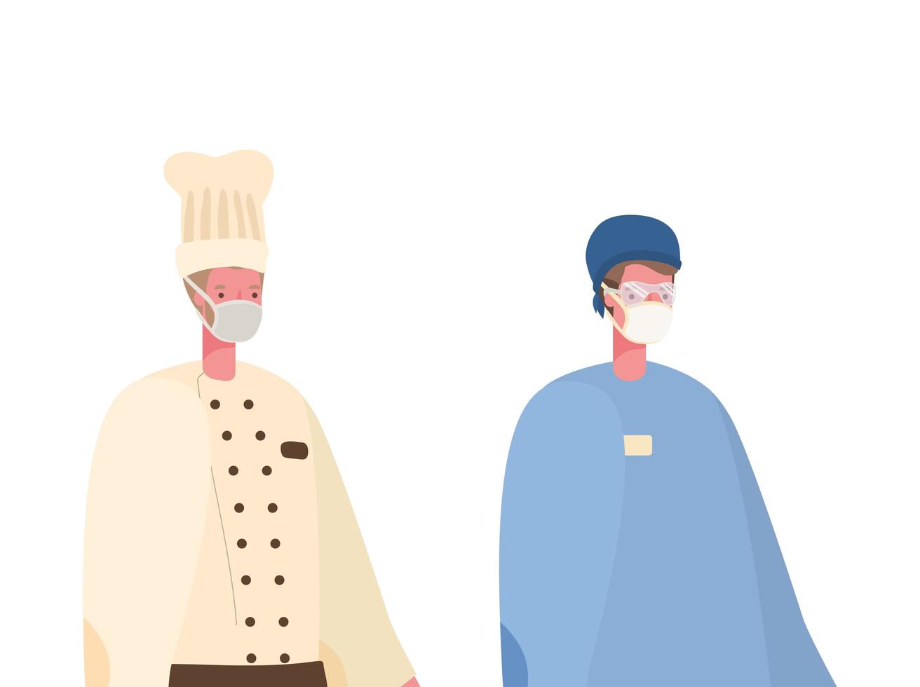 Médico y chef masculino aislado con diseño vectorial de máscaras vector