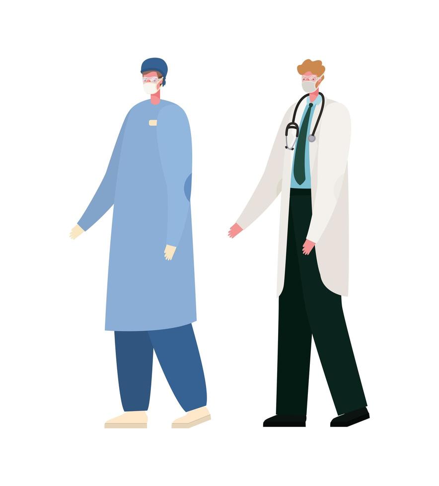 Isolated male doctors with masks vector design