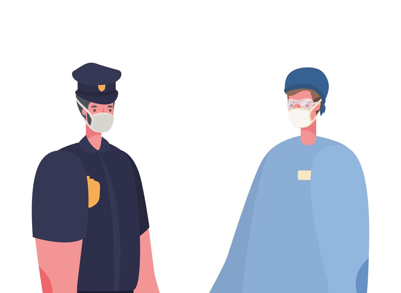 Hombre aislado médico y policía con máscaras de diseño vectorial vector