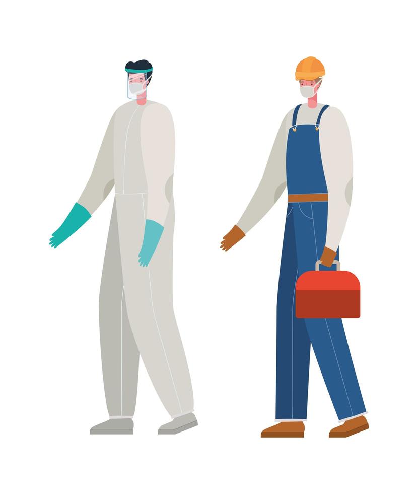 constructer hombre y médico con traje protector y máscara de diseño vectorial vector