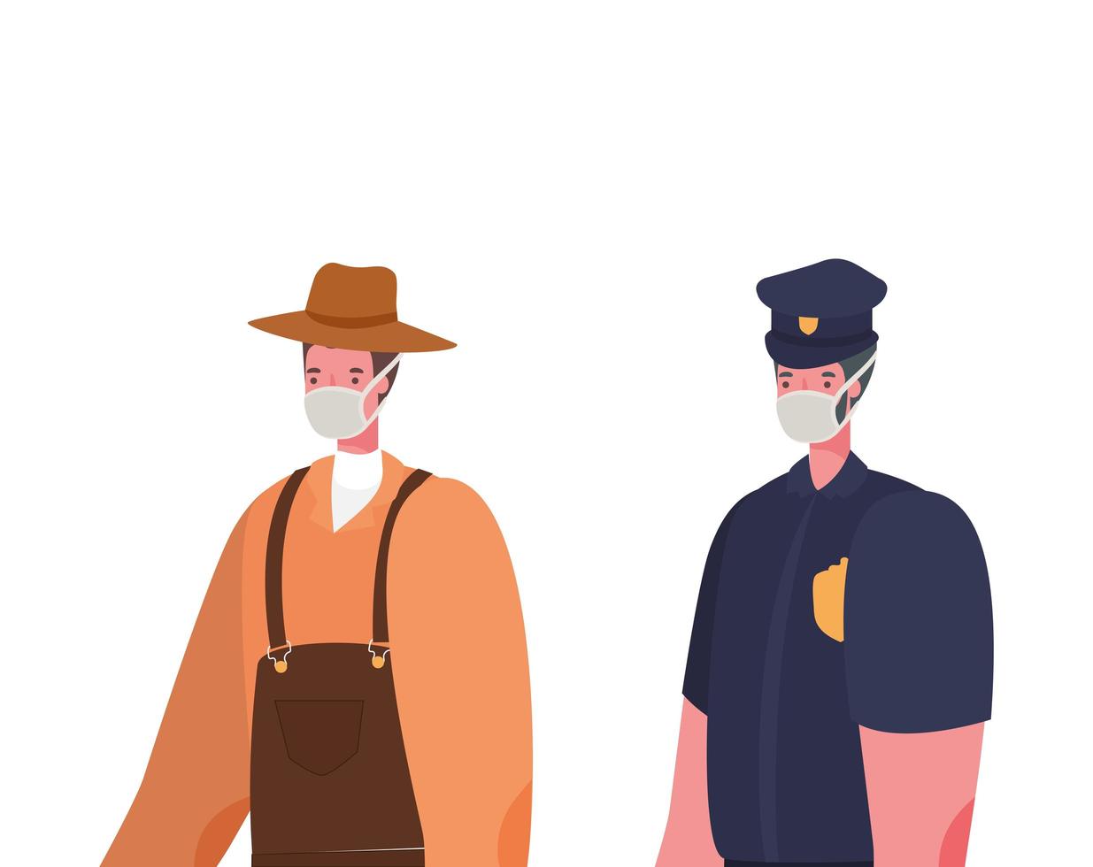 Male gardener and police with masks vector design
