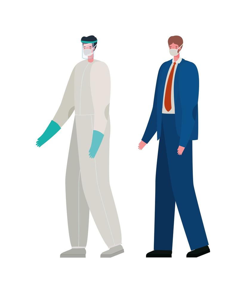 Businessman and doctor with protective suit and mask vector design