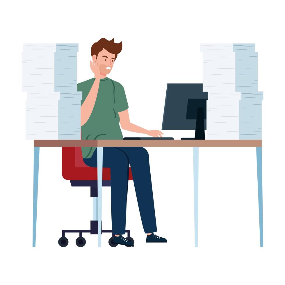 Nervous man on his desk with a lot of work to do vector