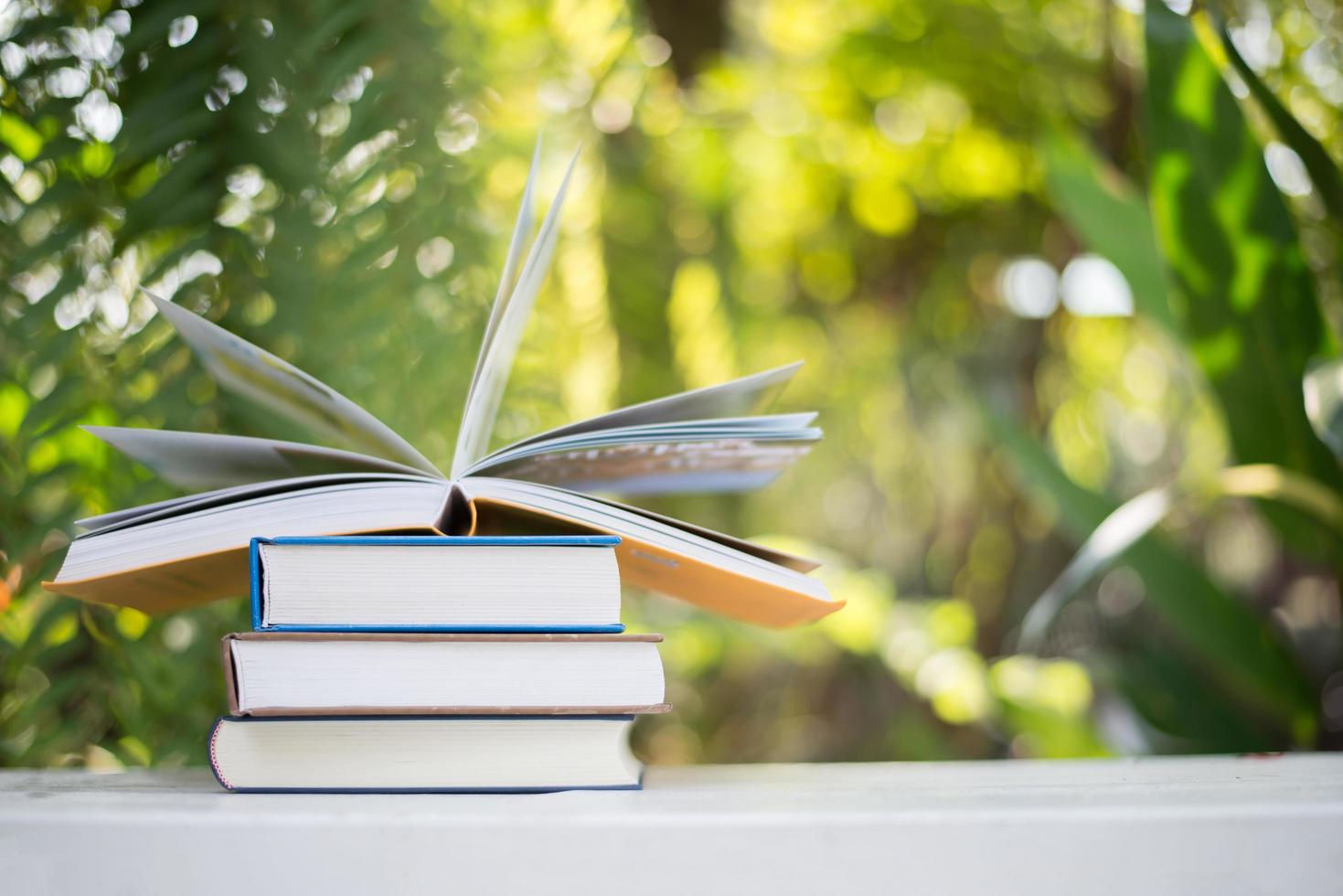 Stack of books on nature background photo