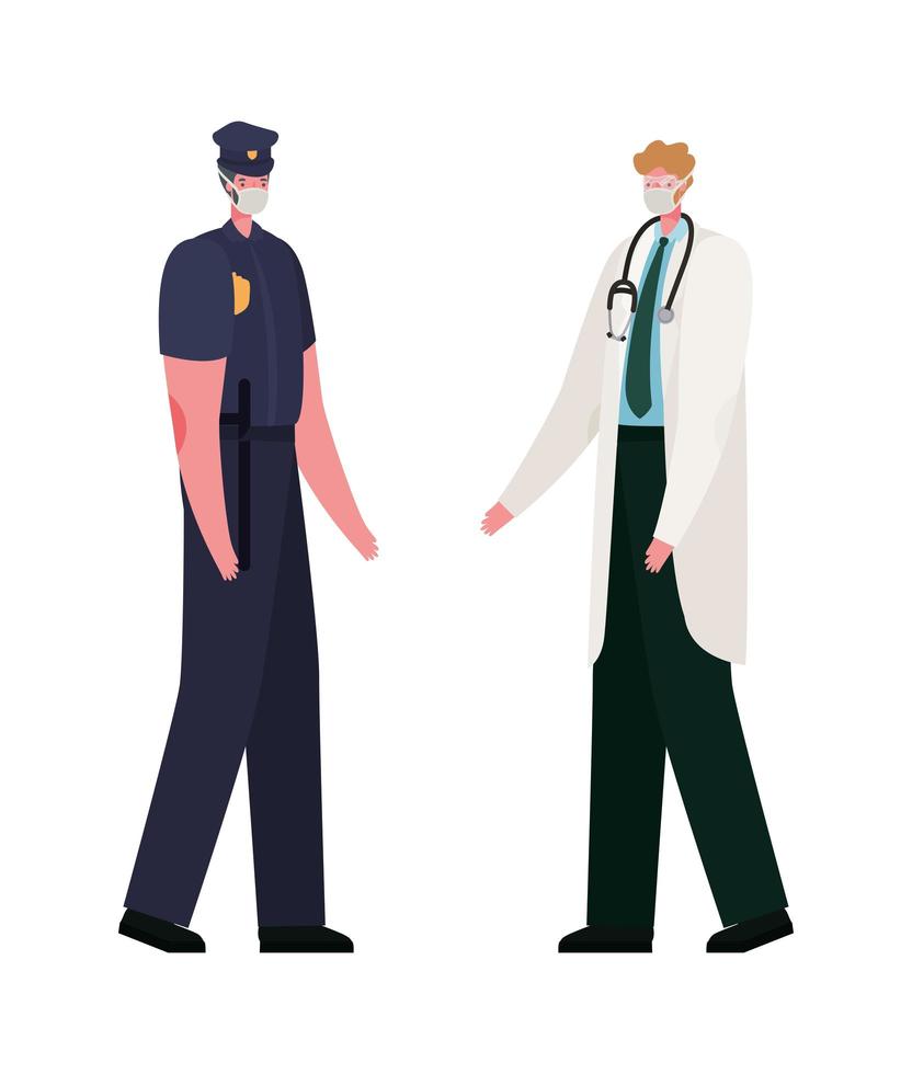 Isolated male doctor and police man with masks vector design