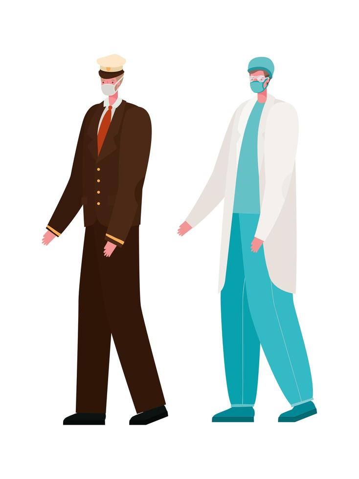 Isolated male doctor and captain with masks vector design