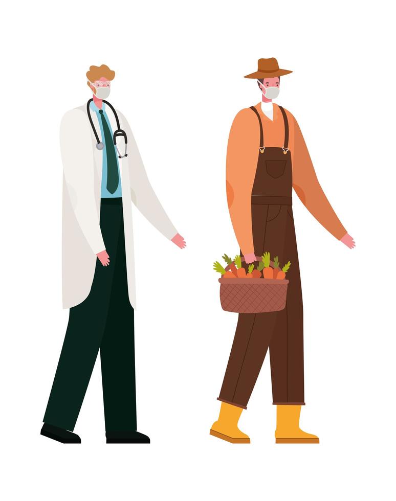 Médico y jardinero masculino aislado con máscaras de diseño vectorial vector