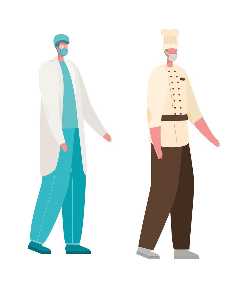 Médico y chef masculino aislado con diseño vectorial de máscaras vector