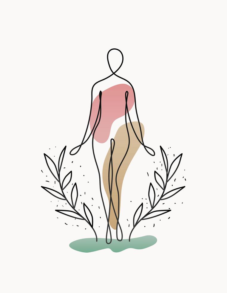 Línea cuerpo de mujer con una planta y brazos sobre fondo blanco. vector