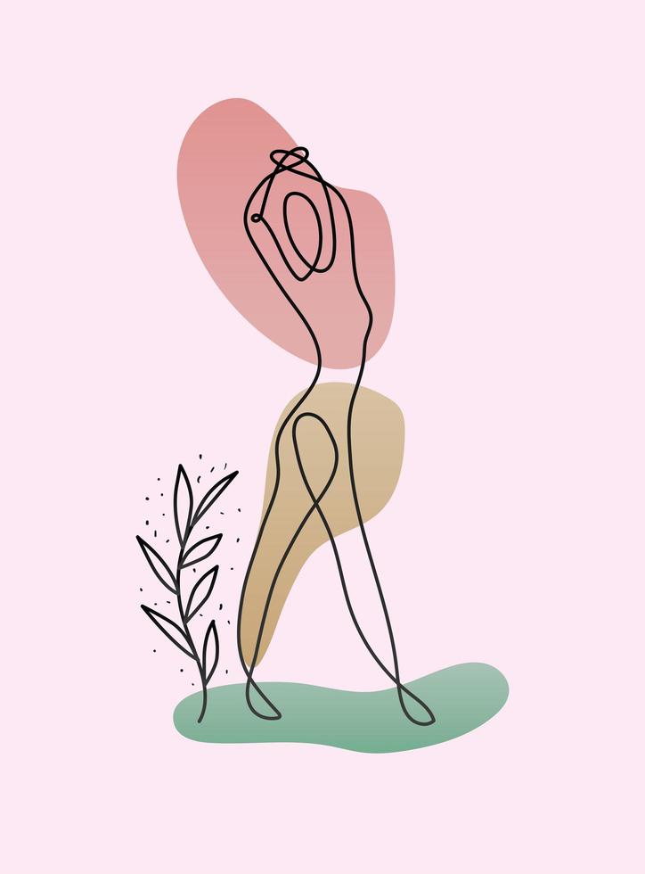 Línea cuerpo de mujer con una planta y brazos. vector