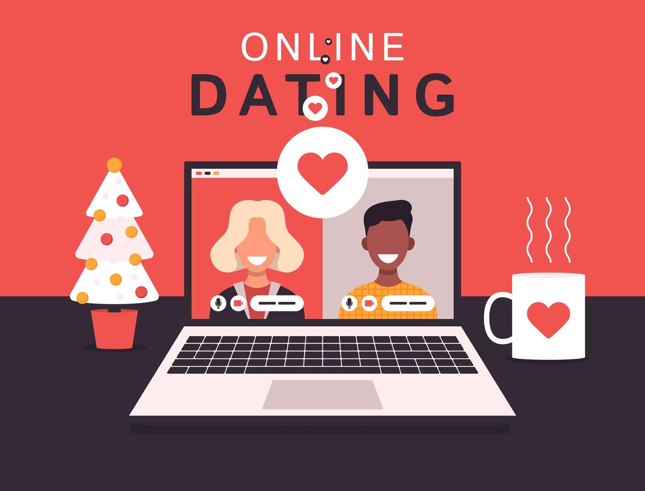 Online dating app concept with man and woman. Flat vector illustration with white blonde woman and African man on laptop screen.