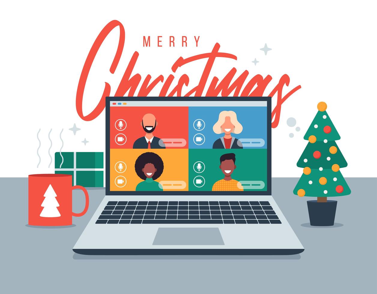 Christmas online greeting. People meeting online together with family or friends video calling on laptop virtual discussion. Merry and safe Christmas office desk workplace. Flat vector illustration