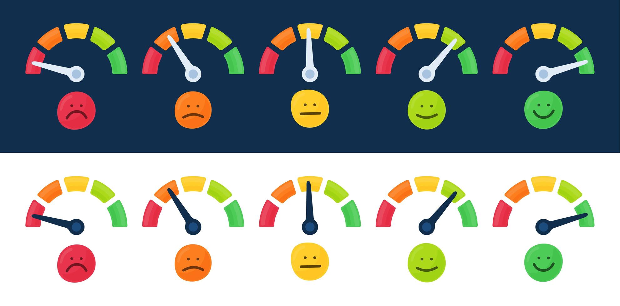 velocímetro, colección de iconos de tacómetro. Conjunto de velocímetro de color. escala de rojo a verde medición de rendimiento. Calificación de concepto de satisfacción con la ilustración de vector de emociones