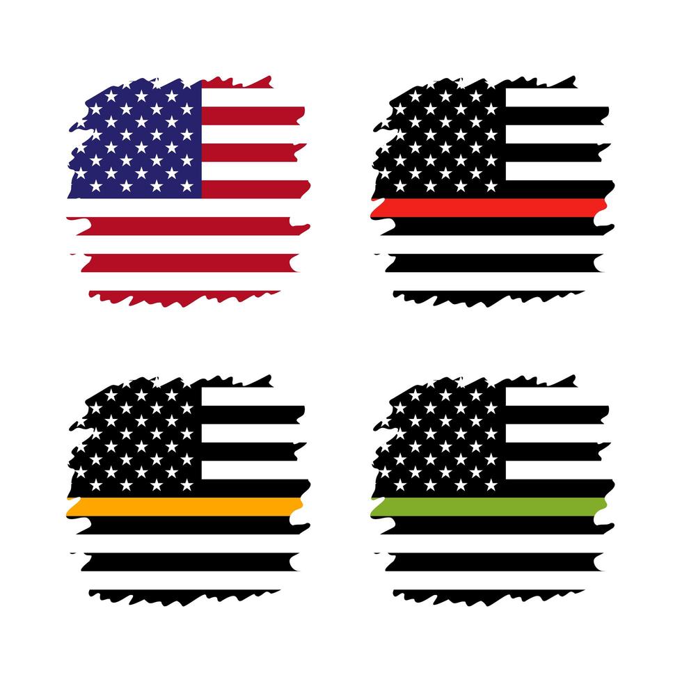 Vector American Thin Line Flag Set - Gold, Blue, Red, Green. A Sign to Honor and Respect American Dispatchers, Security Guards, Loss Prevention, Police.