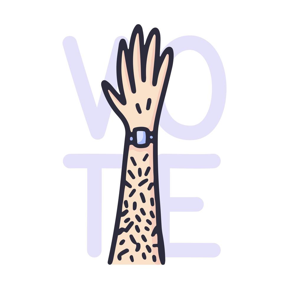 Raised hand up and text to vote. The male hairy hand is made in a doodle-style vector illustration.