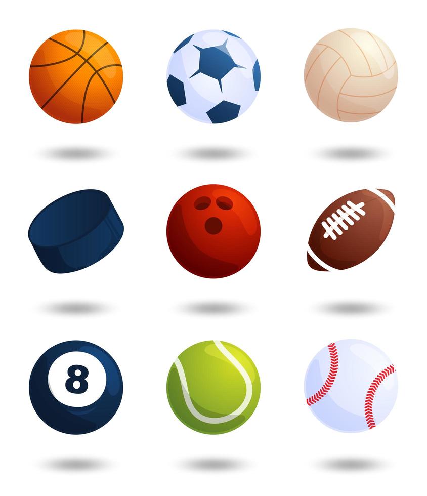 bolas de deportes realistas vector gran conjunto aislado sobre fondo blanco. ilustración vectorial de fútbol y béisbol, juego de fútbol, tenis, bolos, hockey sobre hielo, voleibol