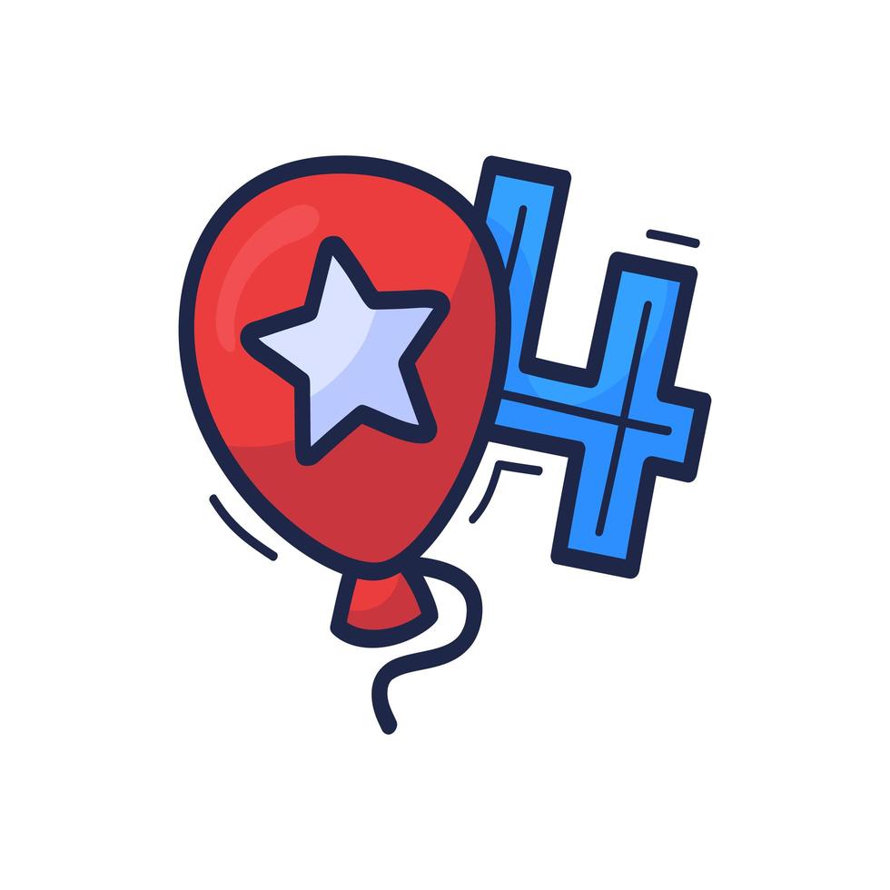 The balloon icon with the number of July 4 is drawn by hand in cartoon style. Vector illustration for Independence Day in the United States