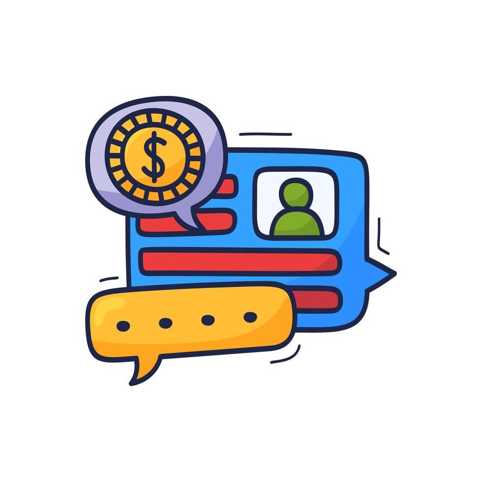 hablar de dinero y finanzas es una ilustración vectorial. dibujos animados doodle concepto chat, conversación, diálogo sobre dinero y negocios vector