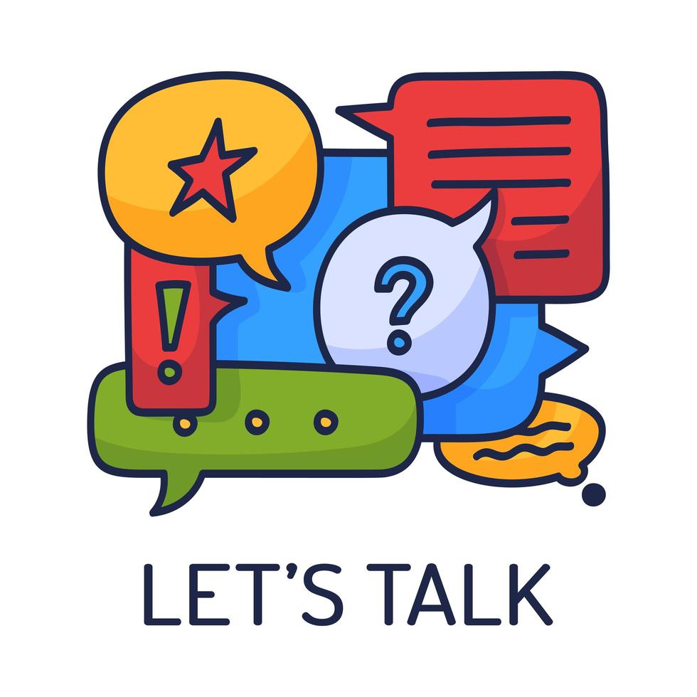 Vector illustration dialog speech bubbles with icons and text let's talk on white background. Safety communication technology concept. Thin line art flat design of mobile technology