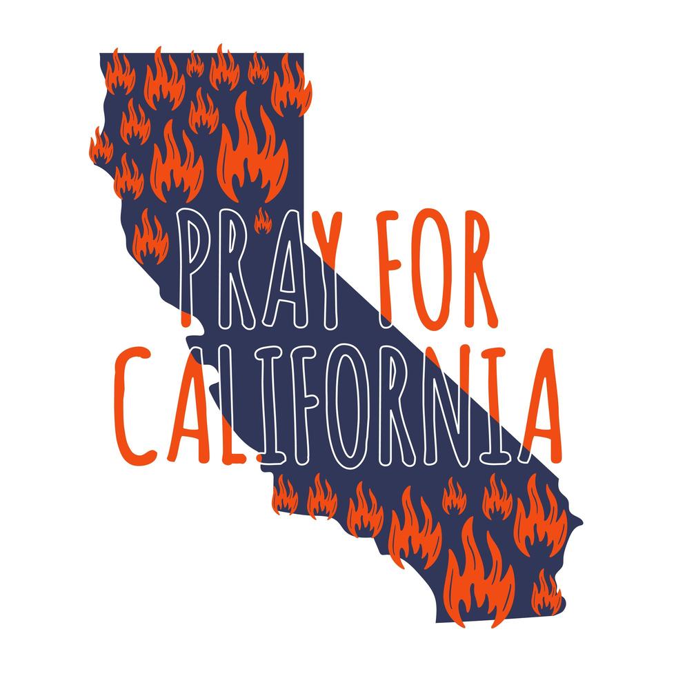 Illustration in support of the southern California after a wildfires. Map of California state, flame and text California. vector