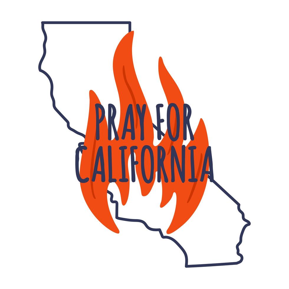 Illustration in support of the southern California after a wildfires. Map of California state, flame and text California. vector