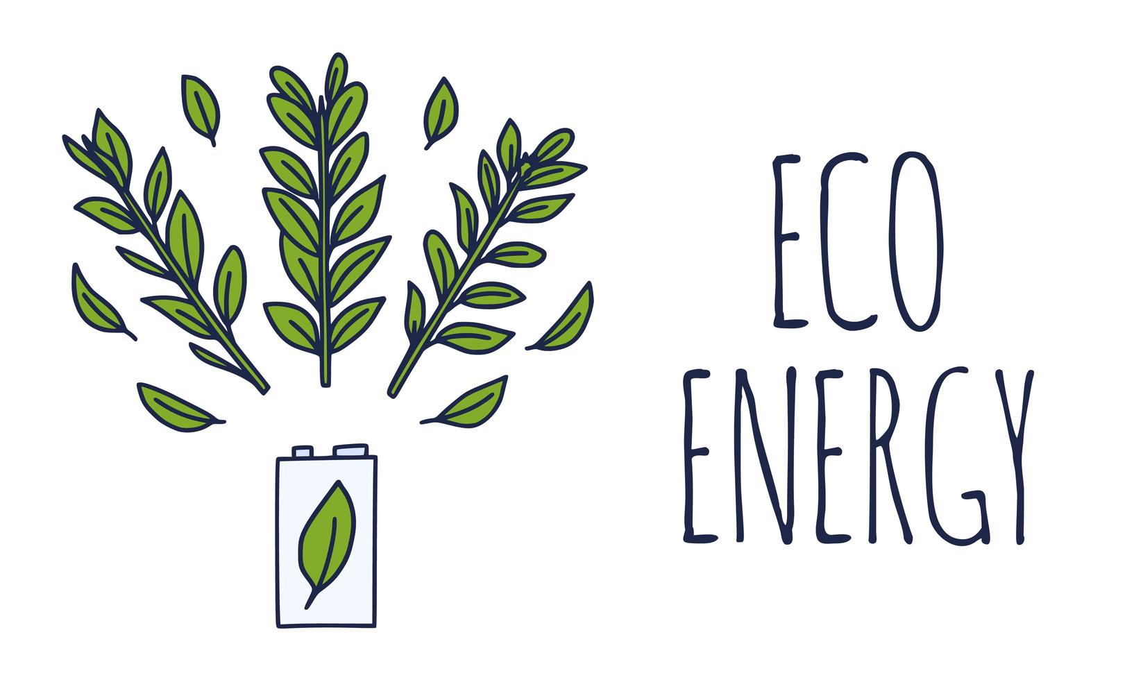Ilustración de energía ecológica o energía verde con una batería blanca y hojas de ramitas sobre un fondo blanco en estilo doodle. ilustración vectorial vector