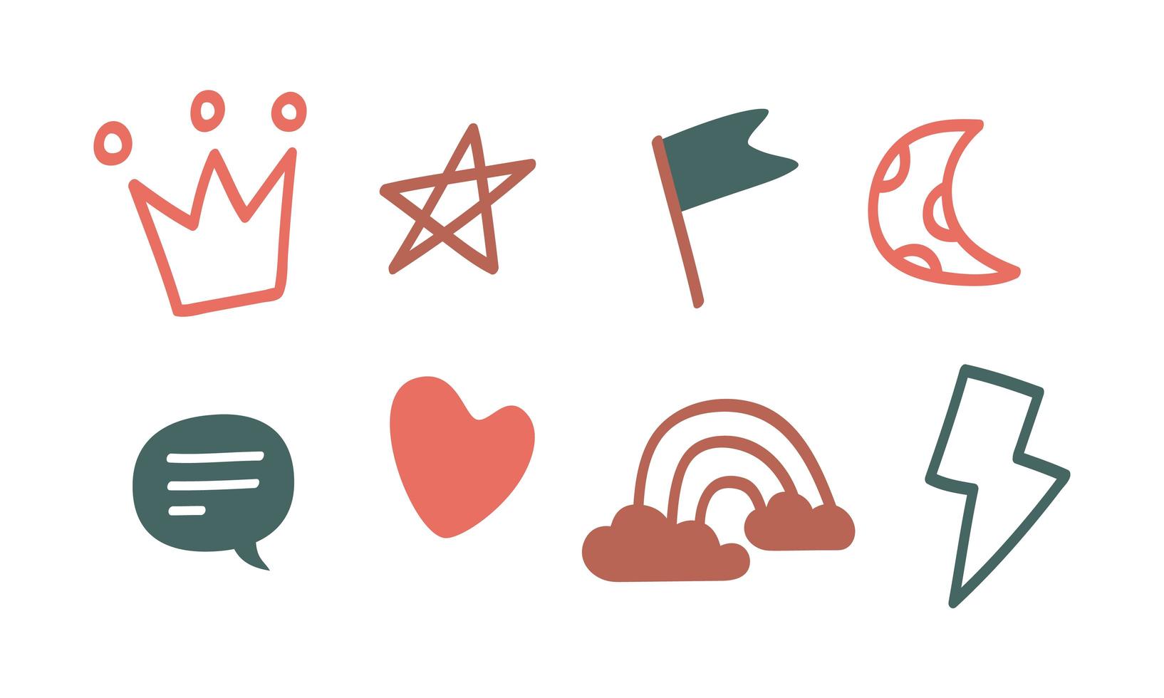 A set of doodle sticker icons. Cute icons drawn by hand. Vector graphics crown, chat, cloud, rainbow, lightning, flag and heart icons