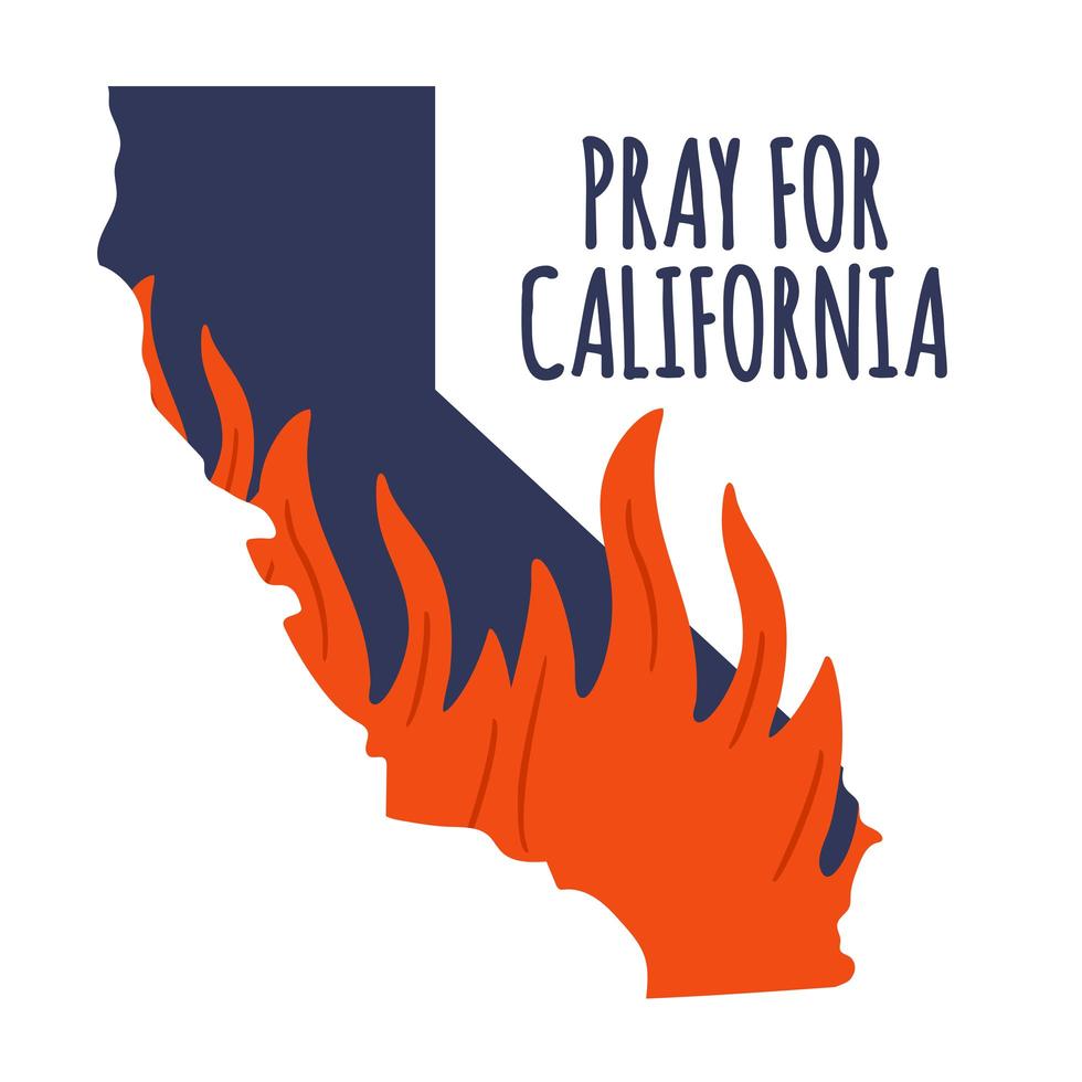 Illustration in support of the southern California after a wildfires. Map of California state, flame and text California. vector