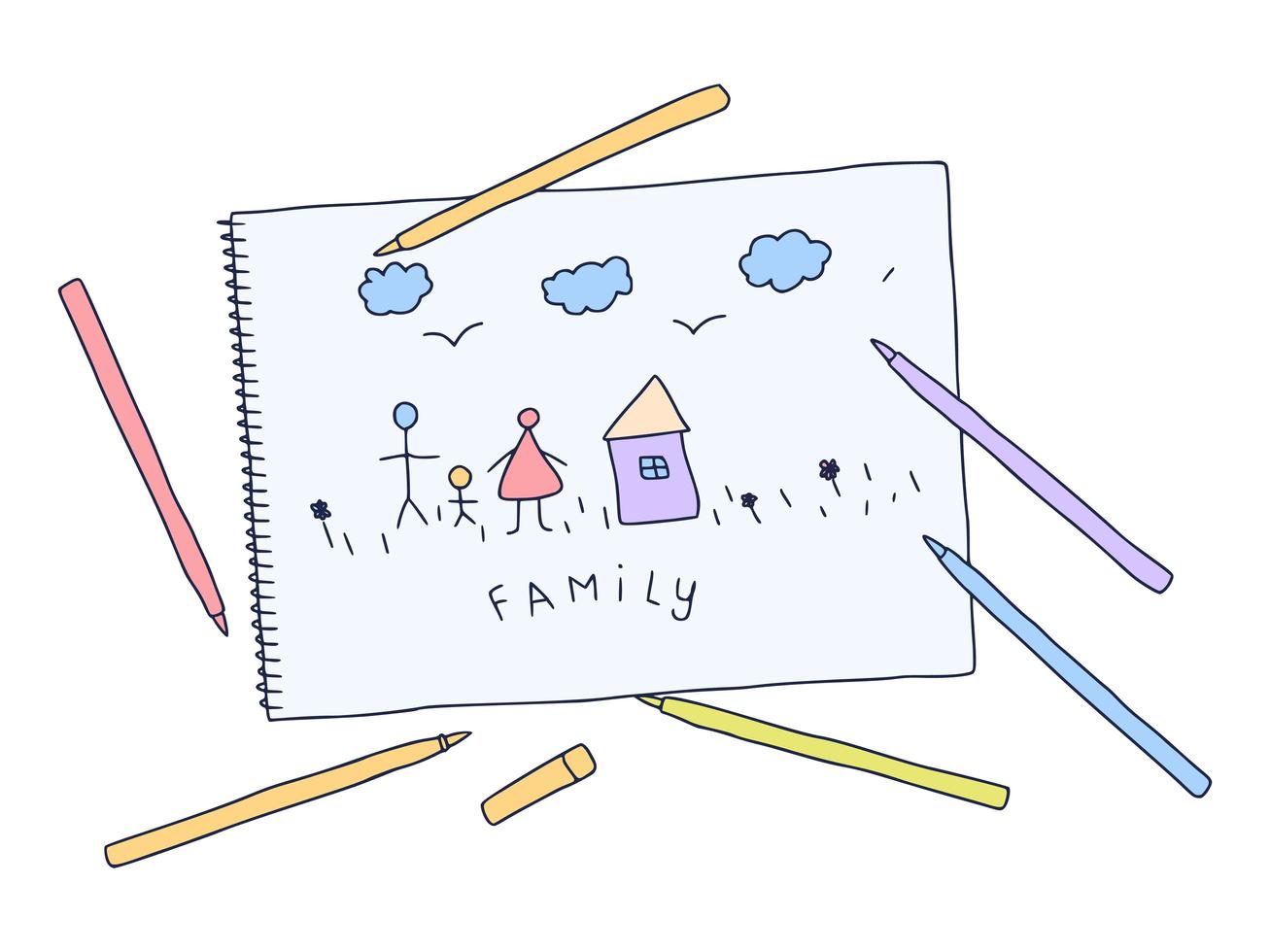 Child's Drawing. Vector hand drawn illustration of child's drawing family on a white paper in doodle style.