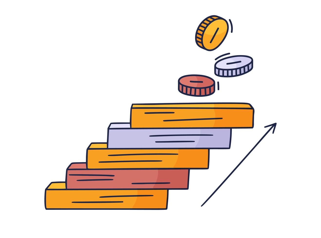 se acerca a la moneda. Ilustración de vector doodle dibujado a mano con escalones o escaleras encima de la cual hay un icono de la moneda de dinero. el camino hacia el éxito y el logro de metas