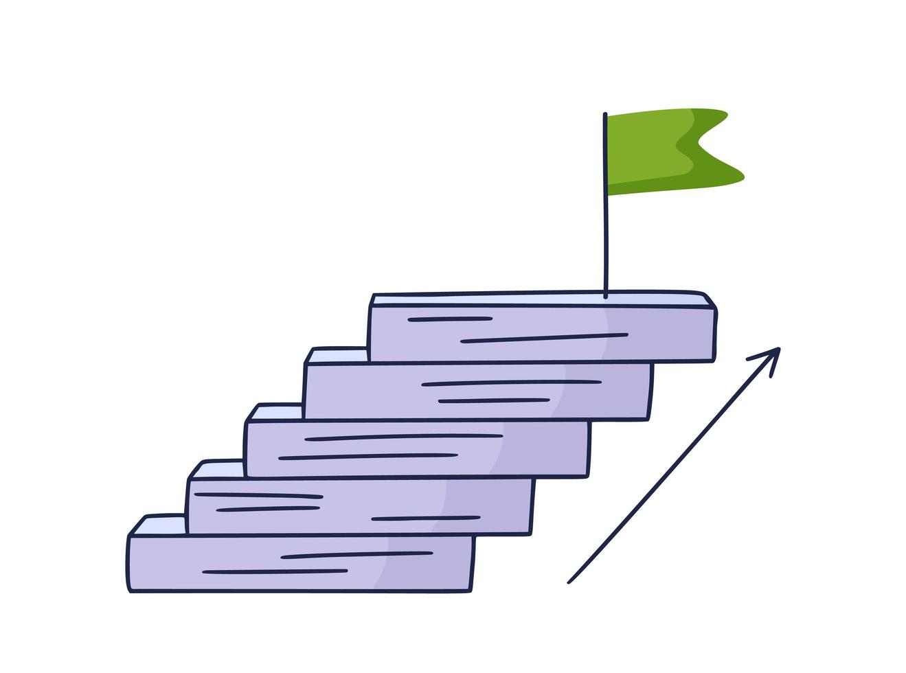 se acerca a la bandera. Ilustración de vector doodle dibujado a mano con escalones o escaleras encima del cual hay un icono de la bandera verde. el camino hacia el éxito y el logro de metas