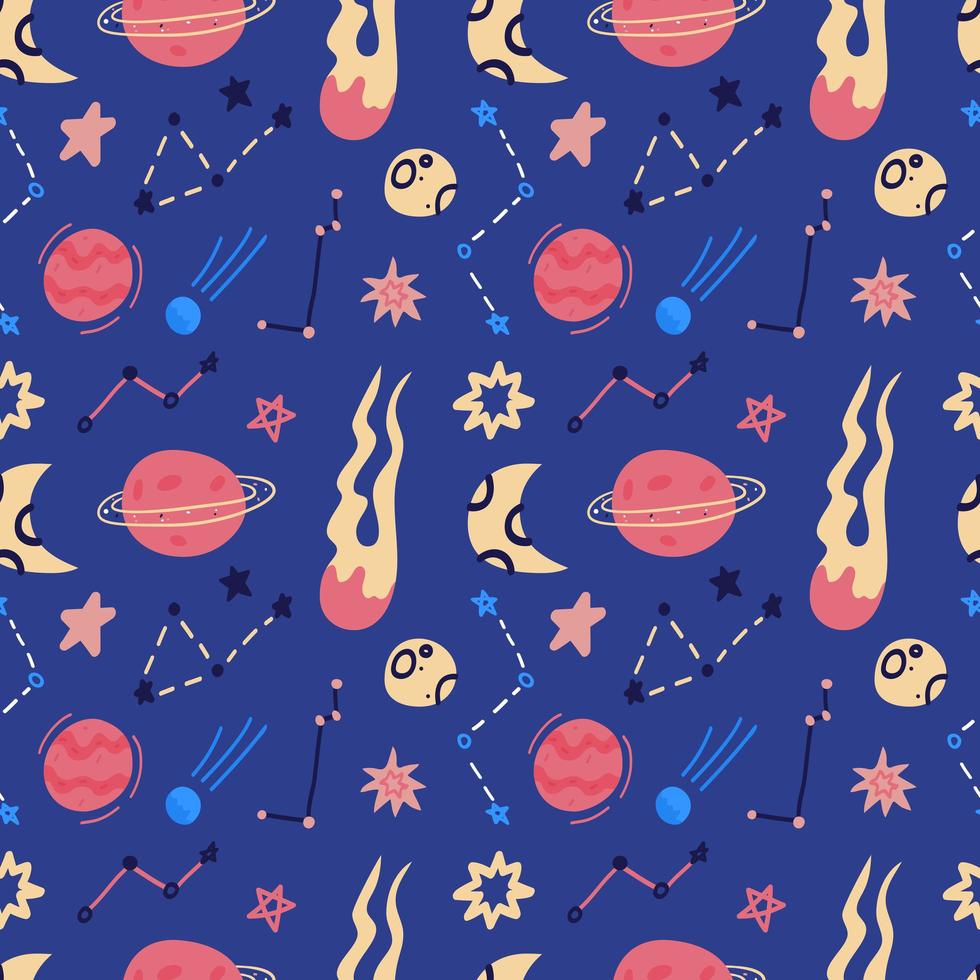 Space vector seamless pattern of planets, orbits, flying saucer, stars. Cartoon flat style cosmos background. Vector illustration. Cartoon icons.