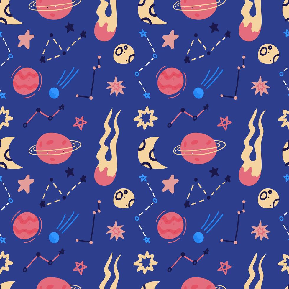 Space vector seamless pattern of planets, orbits, flying saucer, stars. Cartoon flat style cosmos background. Vector illustration. Cartoon icons.