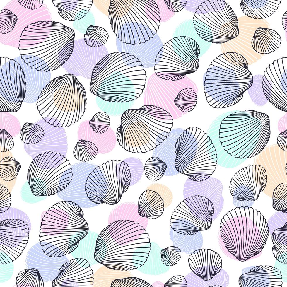 Seamless shell pattern. Vector Illustration of hand drawn seashells in doodle style. Beach design.